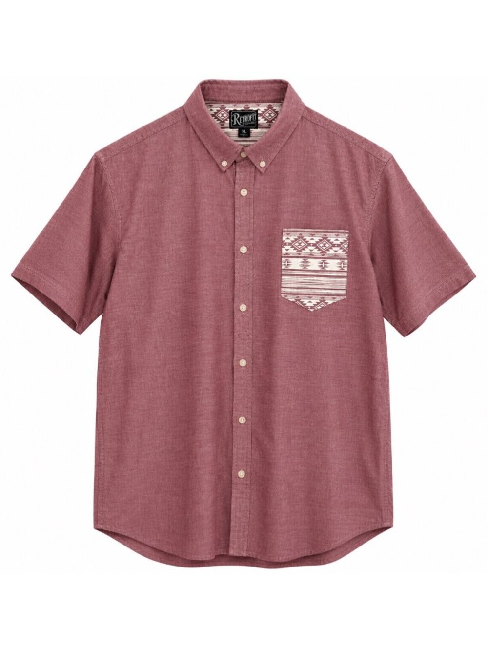 Retrofit Mens Maroon Button-Up Short Sleeve Shirt With Patterned Chest Pocket Si